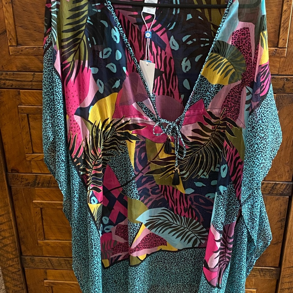 Rod Beattie Bleu swim beach cover up multicolor leopard and palm print